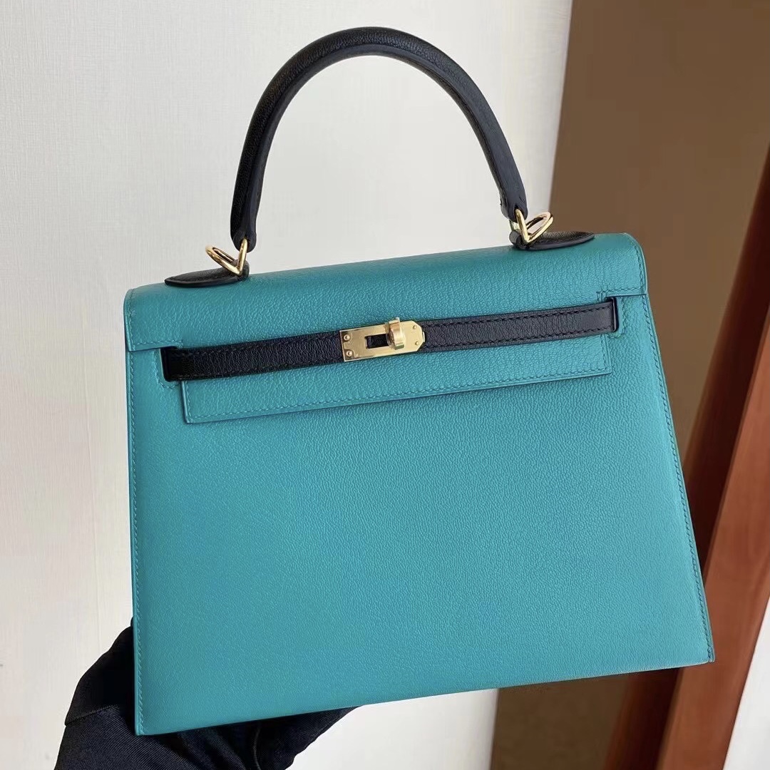 Hermes Kelly 25 Chevre 山羊皮 Z6 Malachite孔雀綠拼色89 Noir 黑色金扣