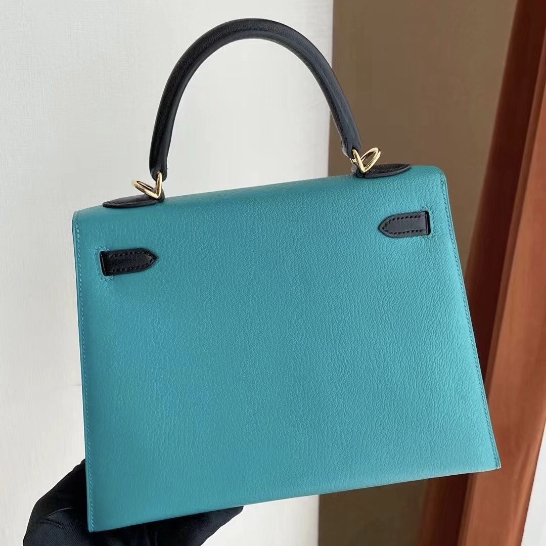 Hermes Kelly 25 Chevre 山羊皮 Z6 Malachite孔雀綠拼色89 Noir 黑色金扣