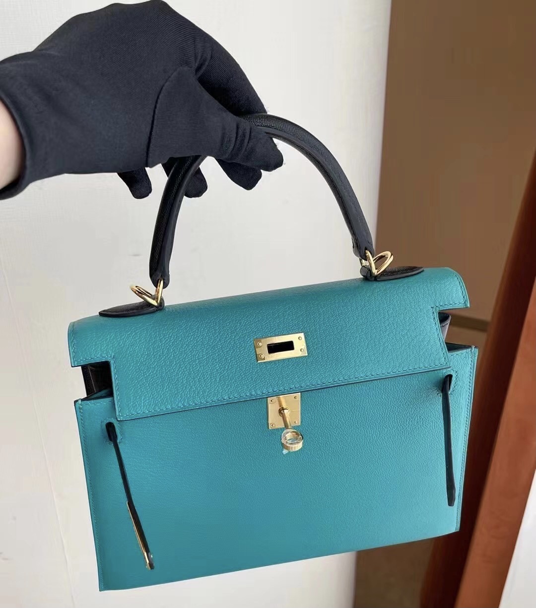 Hermes Kelly 25 Chevre 山羊皮 Z6 Malachite孔雀綠拼色89 Noir 黑色金扣