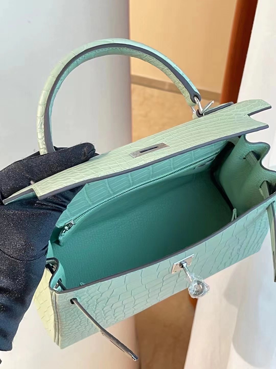 愛馬仕凱莉包官方價格 Hermes kelly 25cm 6U Vert Dfau 霧面美洲鱷魚銀扣