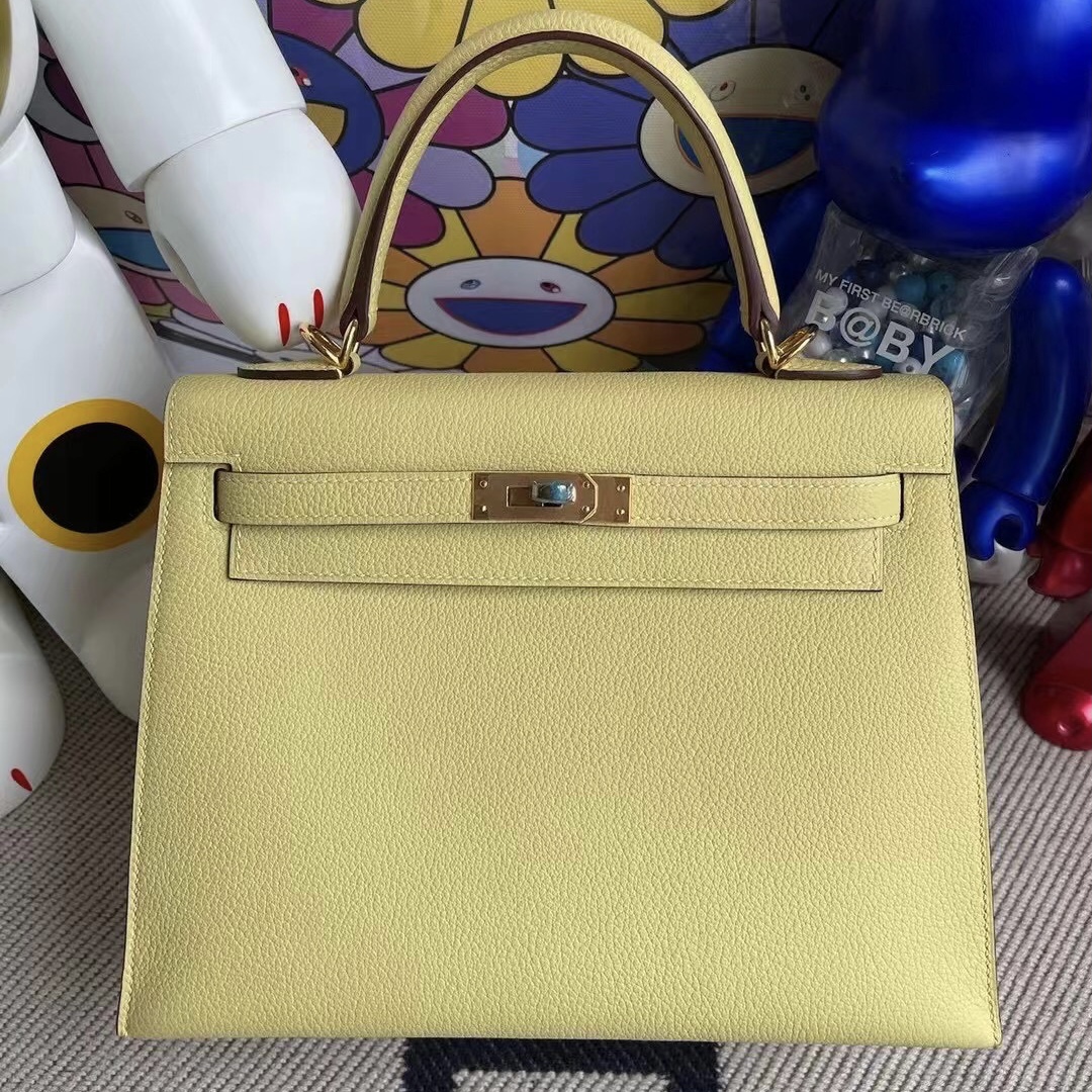 愛馬仕凱莉包官方價格 Hermes Kelly 25cm Togo 1Z 小雞黃 jaune poussin 金扣 外縫