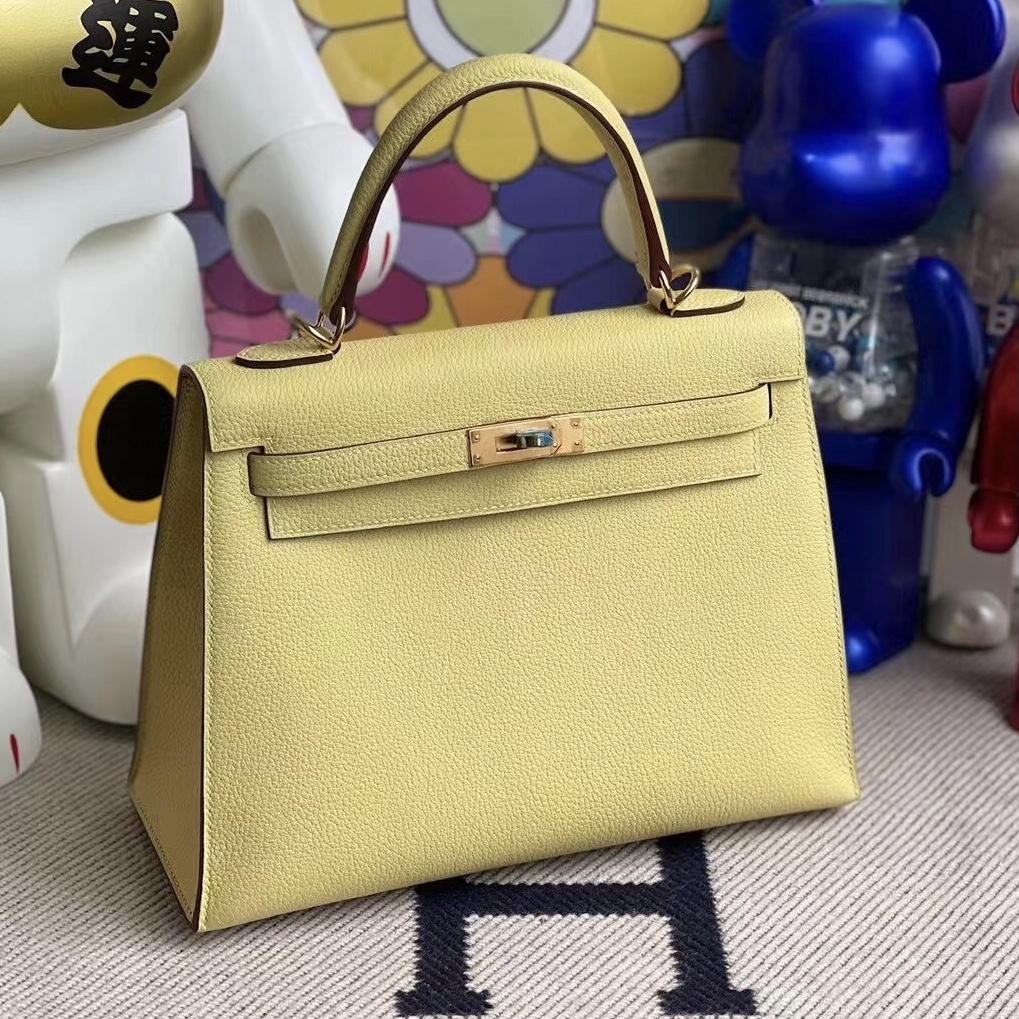 愛馬仕凱莉包官方價格 Hermes Kelly 25cm Togo 1Z 小雞黃 jaune poussin 金扣 外縫