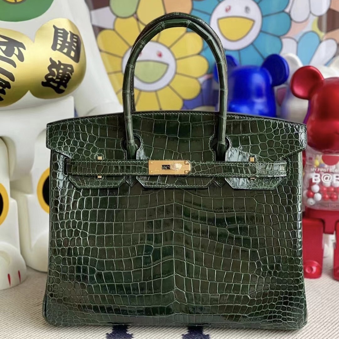 愛馬仕鉑金包鱷魚皮 Hermes Birkin 30cm 67 Vert Fonce 祖母綠 亮面倒V 澳洲灣鱷