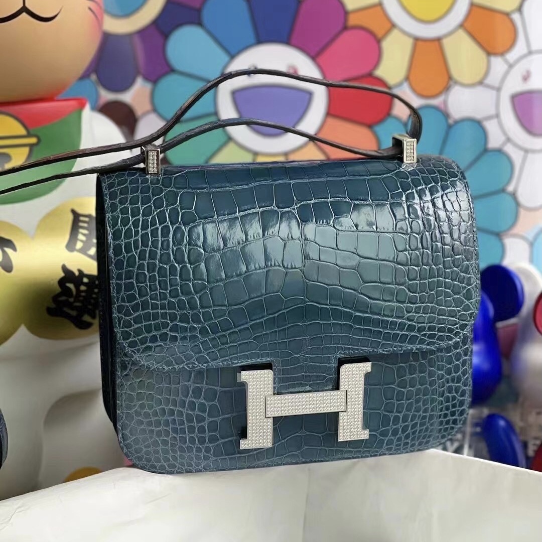 USA Hermes Constance 24cm 亮面美洲鱷魚 1P Blue Colvert 鴨子藍 配 水晶鉆