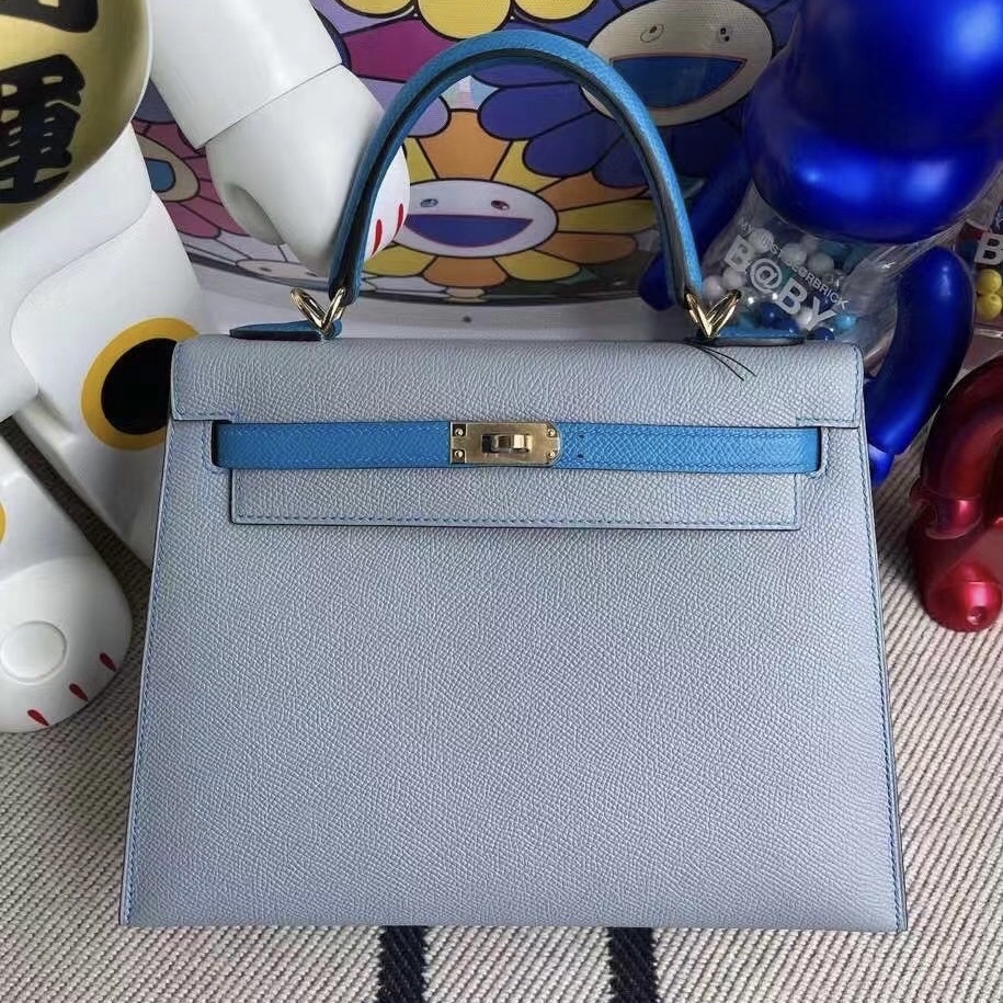 USA Hermes Kelly 25cm Epsom J7 blue lin 拼 B3 Blue Zanzibar 金扣