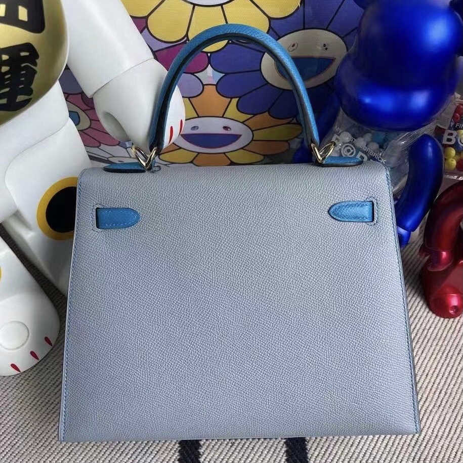 USA Hermes Kelly 25cm Epsom J7 blue lin 拼 B3 Blue Zanzibar 金扣