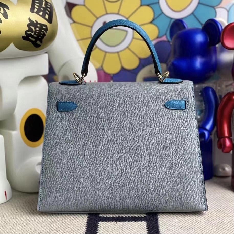 USA Hermes Kelly 25cm Epsom J7 blue lin 拼 B3 Blue Zanzibar 金扣