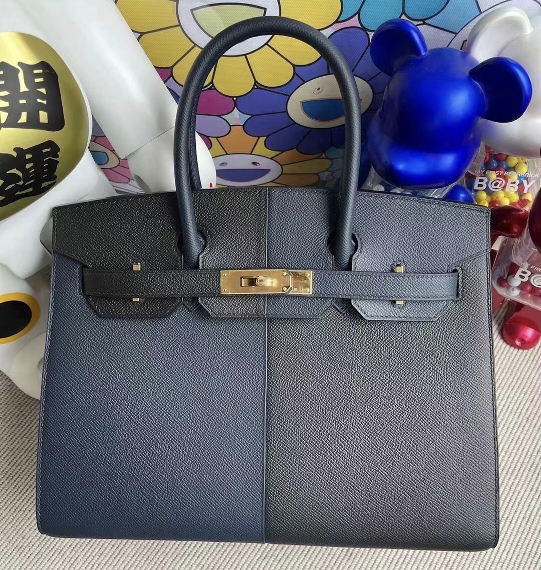 USA Hermes Birkin 30 外縫 Epsom 三拼色89 Noir 2Z Blue Nuit 拼B3 Blue Zanzibar