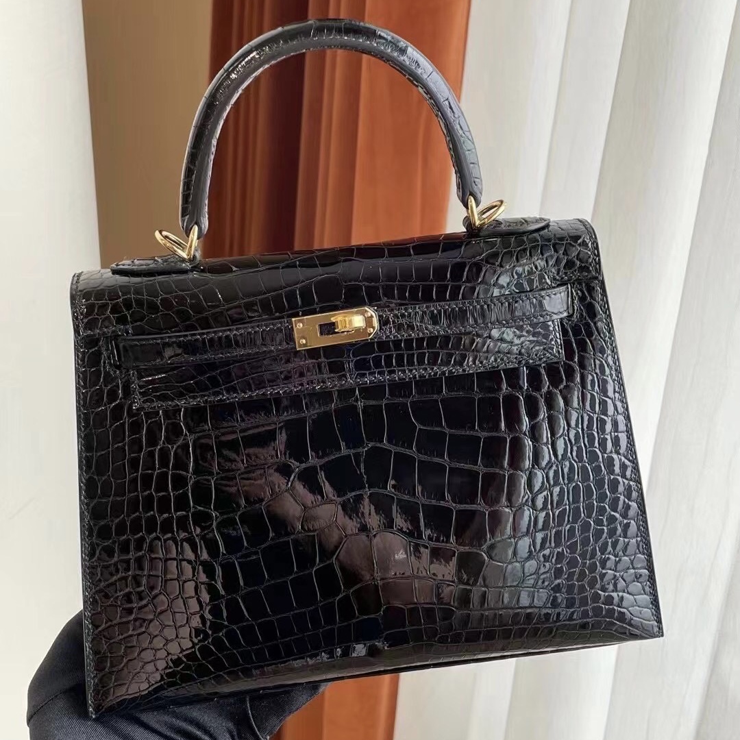 美國波士頓愛馬仕 Boston USA Hermes Kelly 25cm 89 Noir 黑色 亮面美洲鱷魚