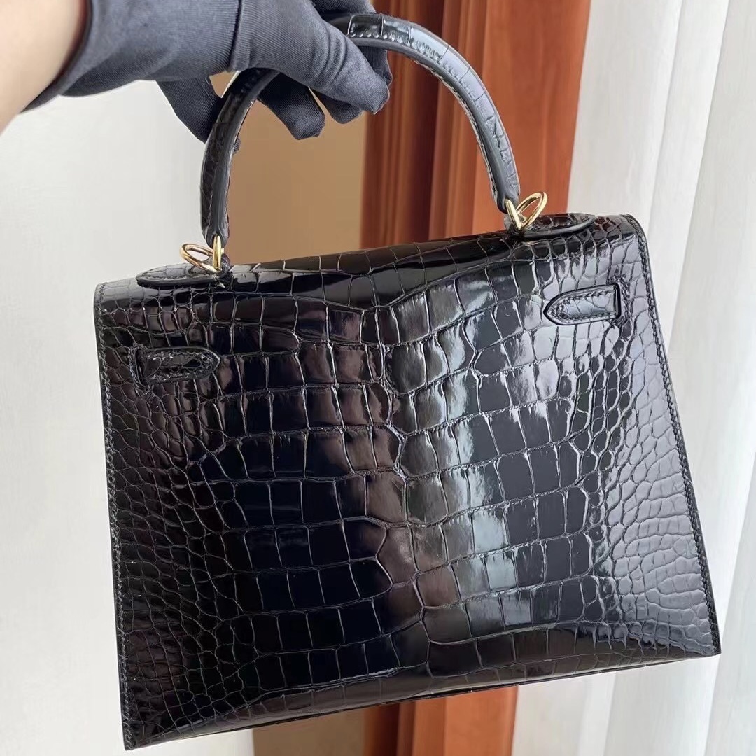 美國波士頓愛馬仕 Boston USA Hermes Kelly 25cm 89 Noir 黑色 亮面美洲鱷魚