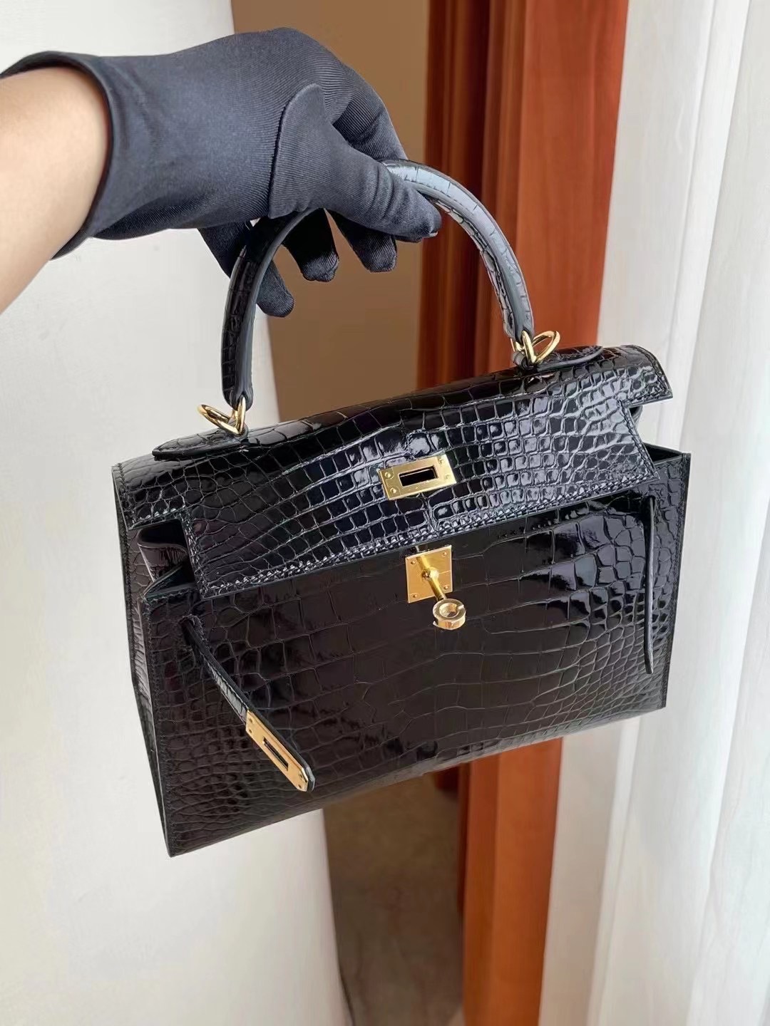 美國波士頓愛馬仕 Boston USA Hermes Kelly 25cm 89 Noir 黑色 亮面美洲鱷魚