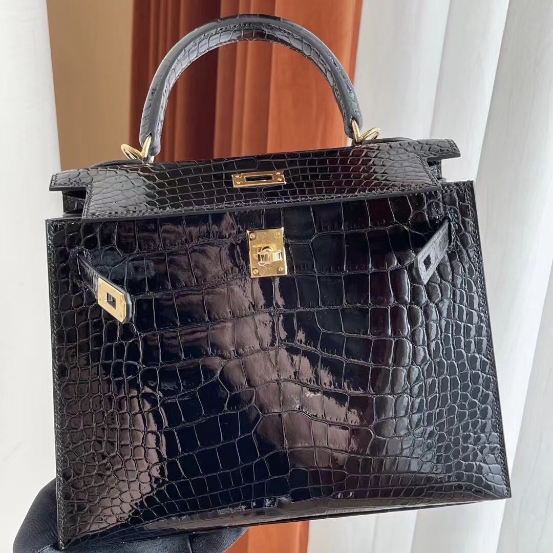 美國波士頓愛馬仕 Boston USA Hermes Kelly 25cm 89 Noir 黑色 亮面美洲鱷魚