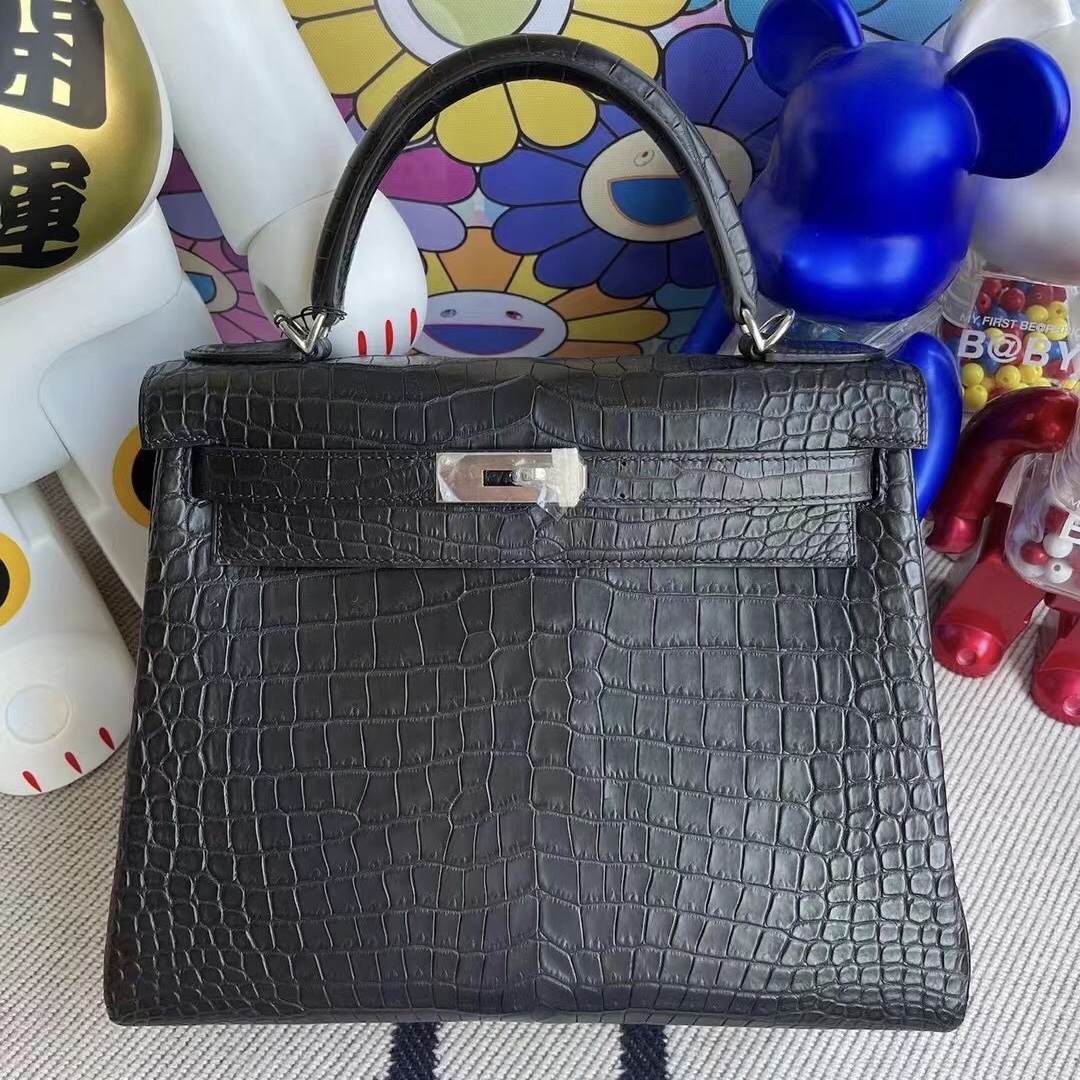 USA Hermes Kelly 28 霧面倒V澳洲灣鱷89 Noir內拼9i Magnolia 玉蘭粉銀扣