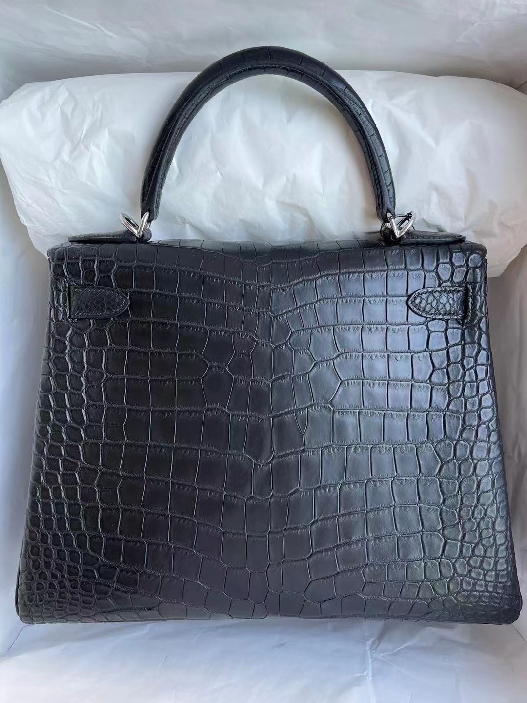 USA Hermes Kelly 28 霧面倒V澳洲灣鱷89 Noir內拼9i Magnolia 玉蘭粉銀扣