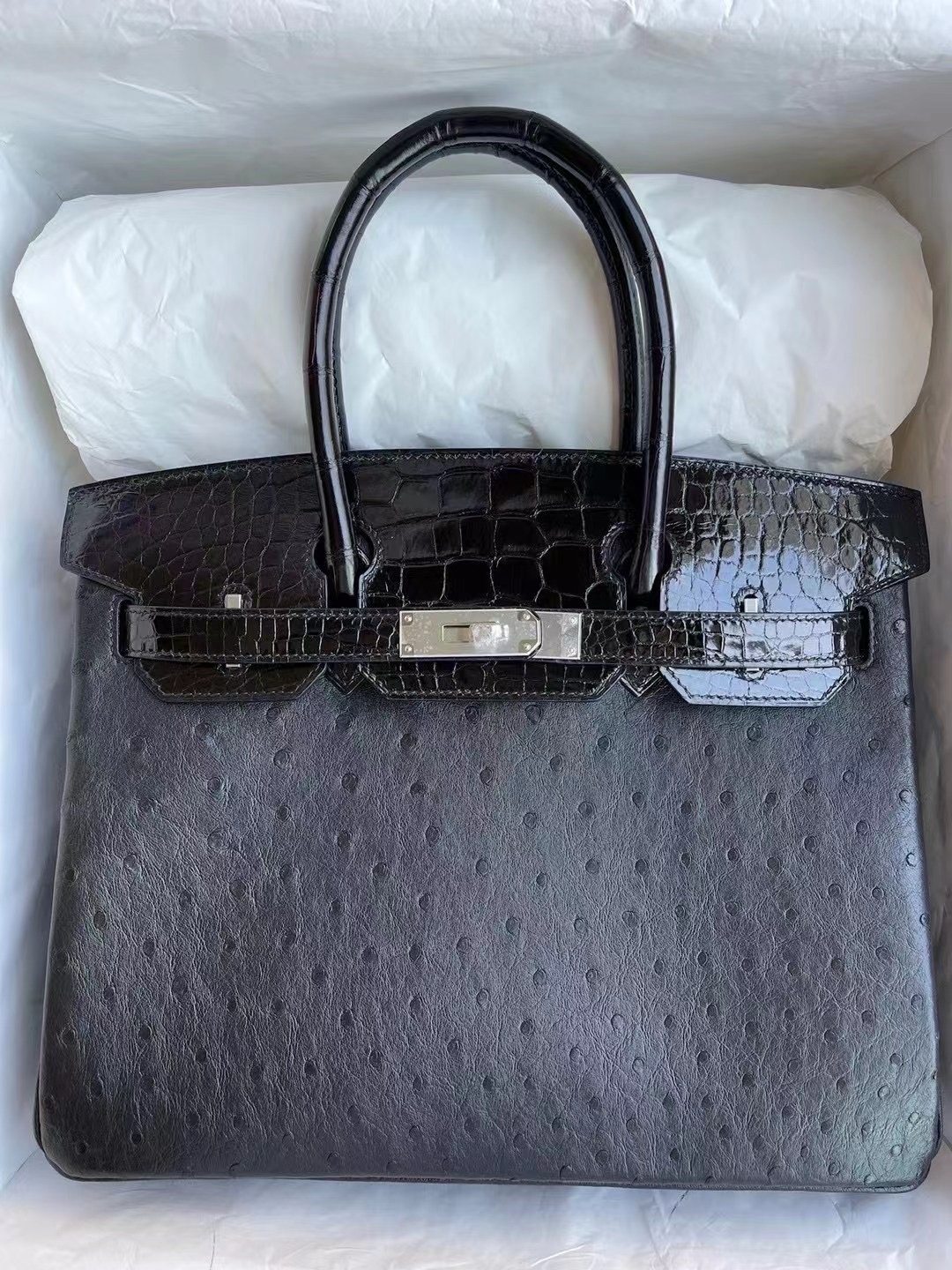 Hermes Birkin 30 Touch Ostrich / Shiny crocodile 89 Noir 黑色 鴕鳥皮拼美洲鱷魚