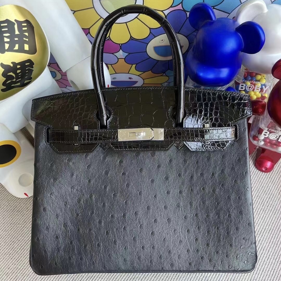 Hermes Birkin 30 Touch Ostrich / Shiny crocodile 89 Noir 黑色 鴕鳥皮拼美洲鱷魚