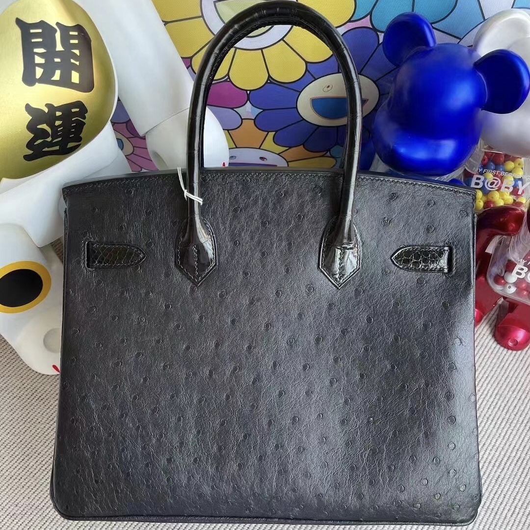 Hermes Birkin 30 Touch Ostrich / Shiny crocodile 89 Noir 黑色 鴕鳥皮拼美洲鱷魚