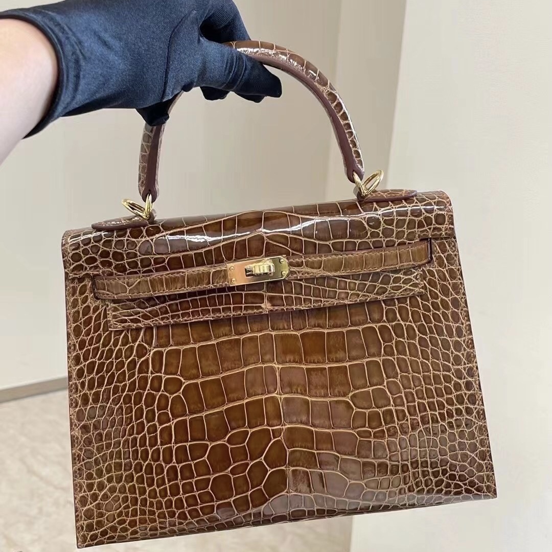 美國聖何塞 San Joze USA Hermes Kelly 25cm 31 蜜糖棕 Miel 亮面方塊 美洲鱷魚