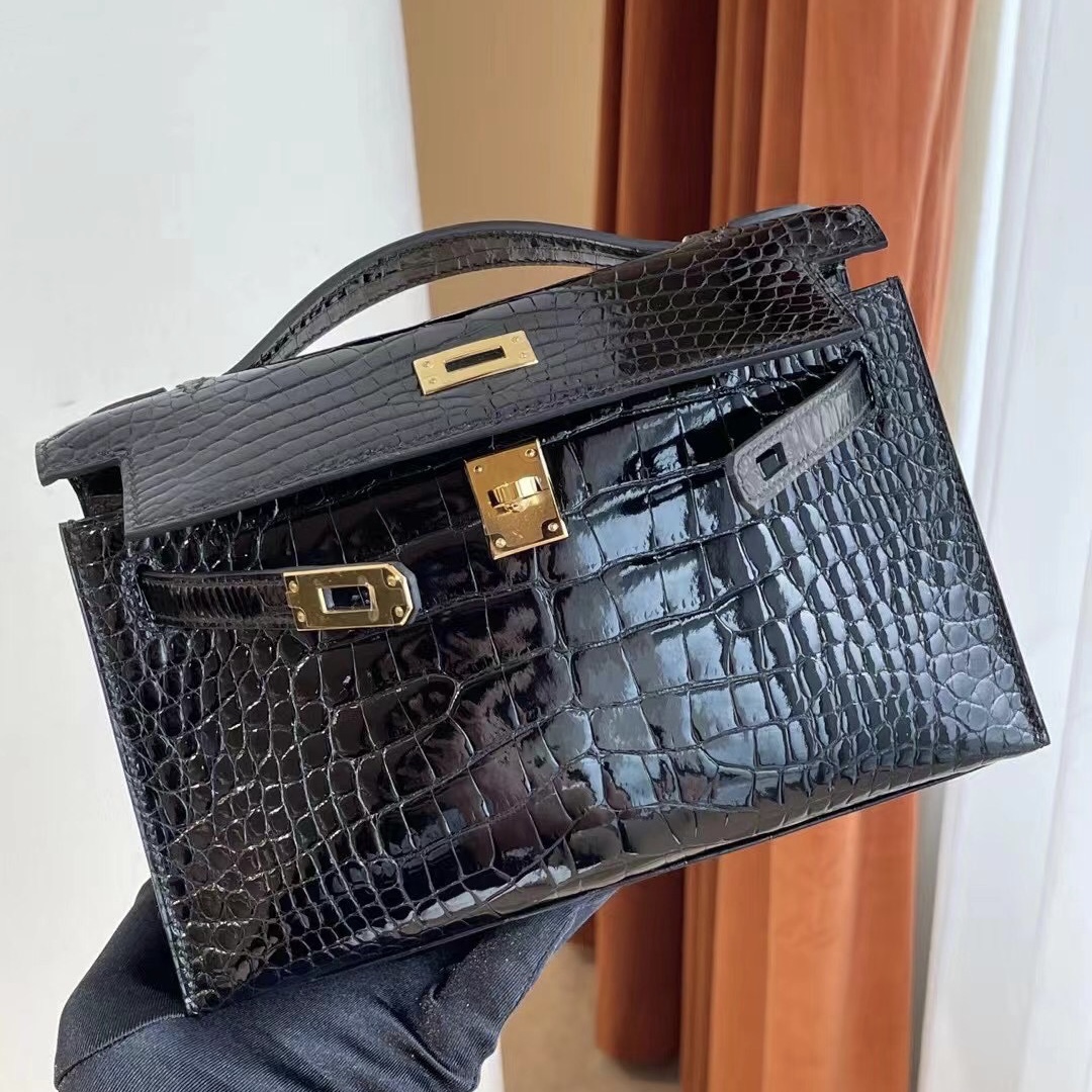 Saudi Arabia Riyadh Hermes MiniKelly Pochette 美洲鱷魚 89 Noir 黑色