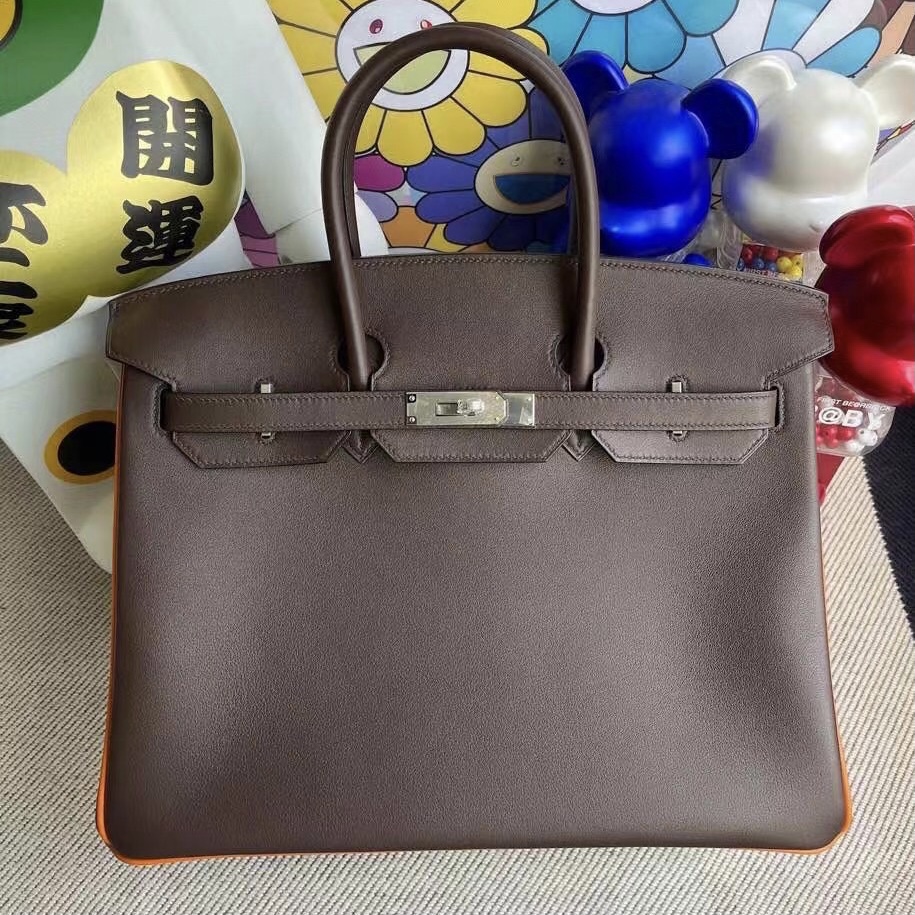 Hermes Birkin 35 Swift 47 chocolate 巧克力色拼93 Orange 橙色銀扣馬蹄印