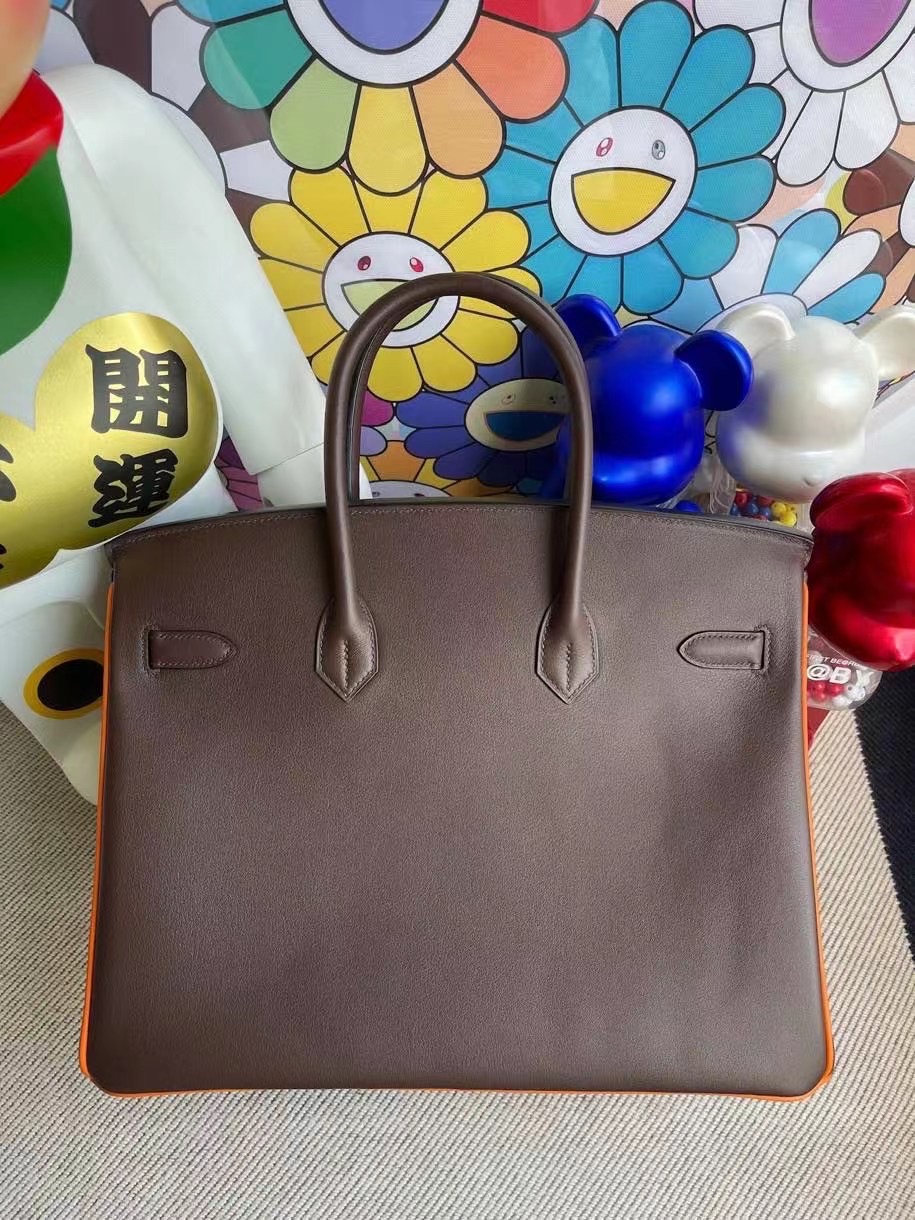 Hermes Birkin 35 Swift 47 chocolate 巧克力色拼93 Orange 橙色銀扣馬蹄印