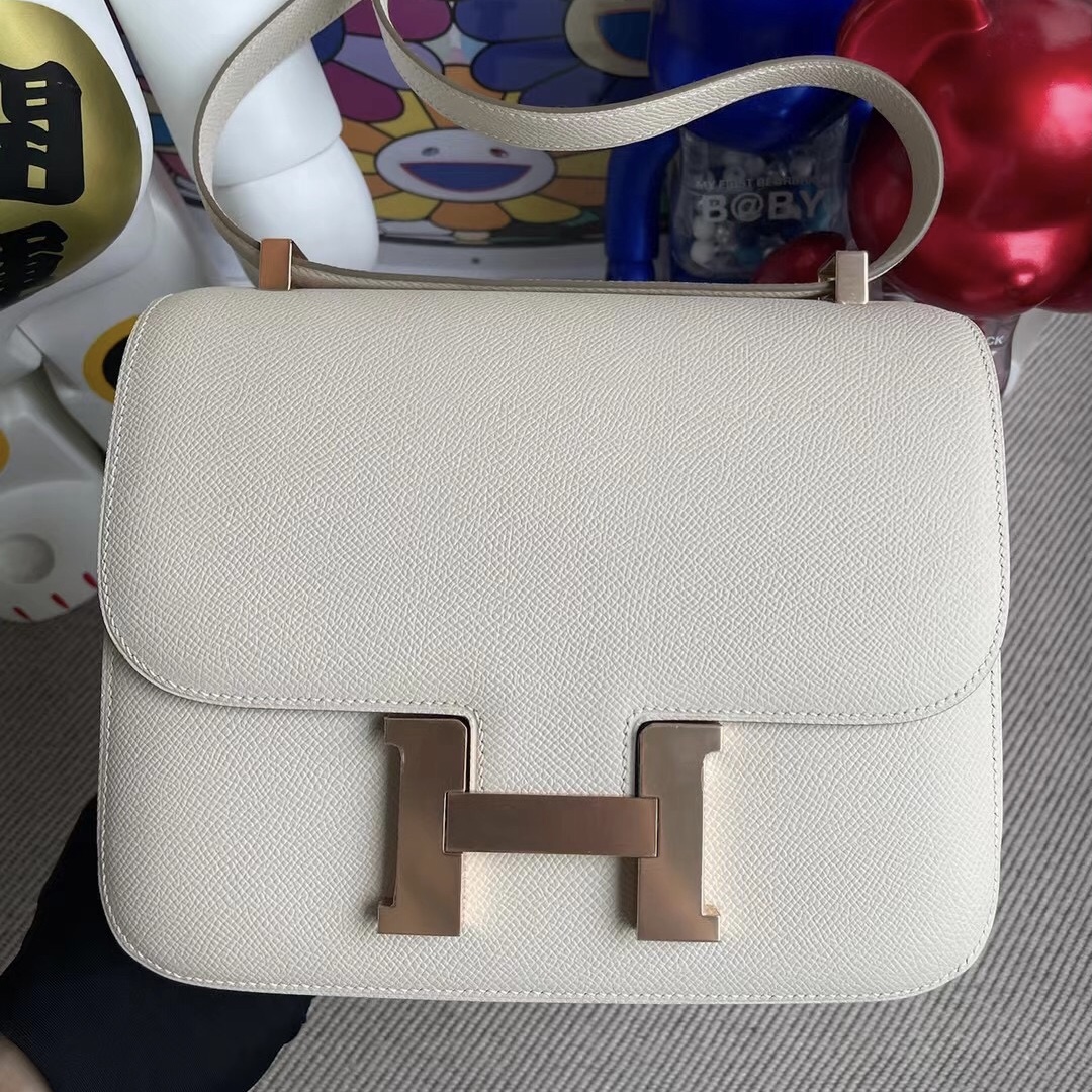 Hermes Constance 24cm Epsom 10 Craie 奶昔白 內拼 8F 錫器灰 Etain 玫瑰金扣