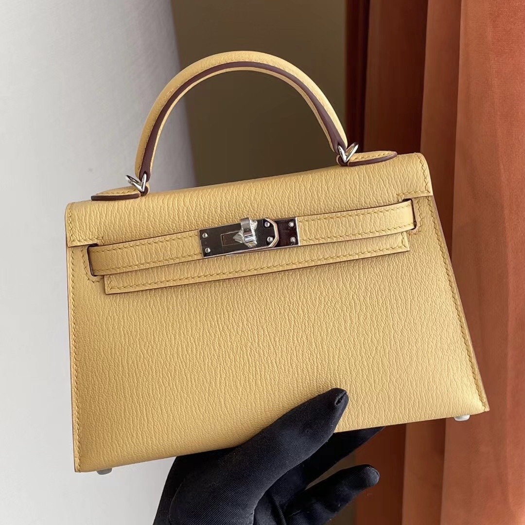 愛馬仕迷你凱莉包二代 Z刻 Hermes Kelly Mini II 2代 1S Foin 麥垛黃 Chevre 山羊皮 銀扣