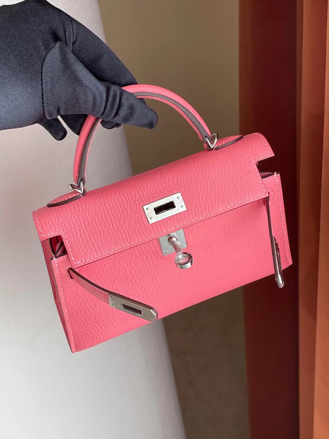 Hermes Kelly Mini II 2代 U5 Rose Lipstick 唇膏粉 Chevre Mysore 山羊皮 銀扣