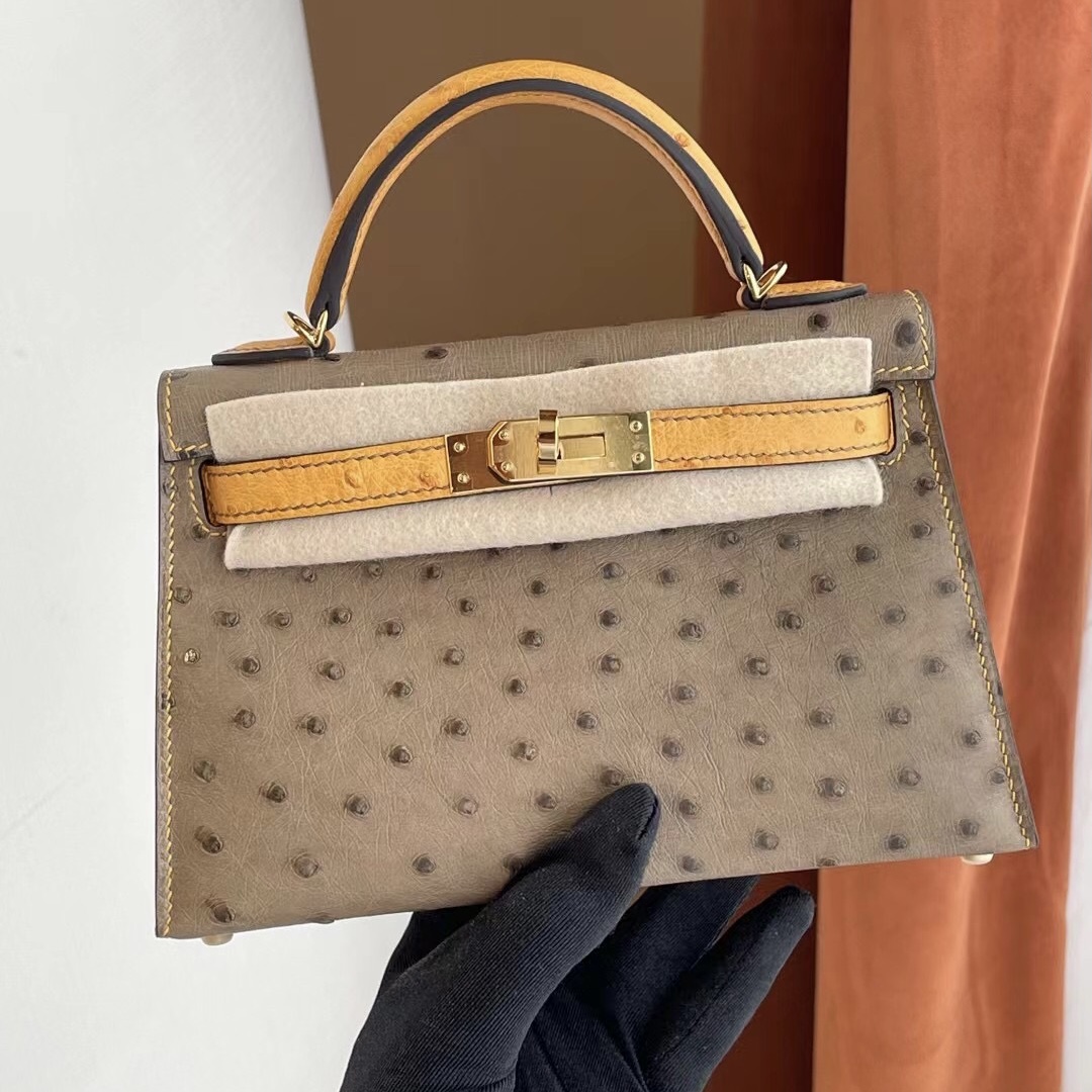 Hermes Kelly Mini II 2代 18 Etoupe大象灰 拼 賽蜂黃原廠KK南非鴕鳥皮金扣