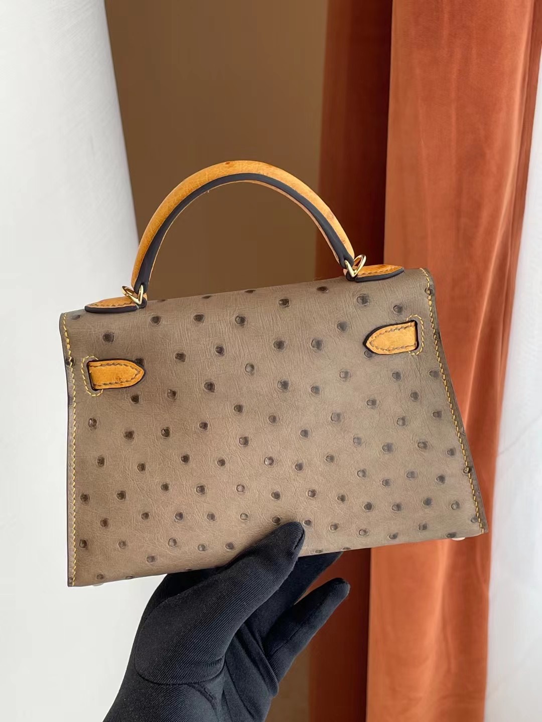 Hermes Kelly Mini II 2代 18 Etoupe大象灰 拼 賽蜂黃原廠KK南非鴕鳥皮金扣