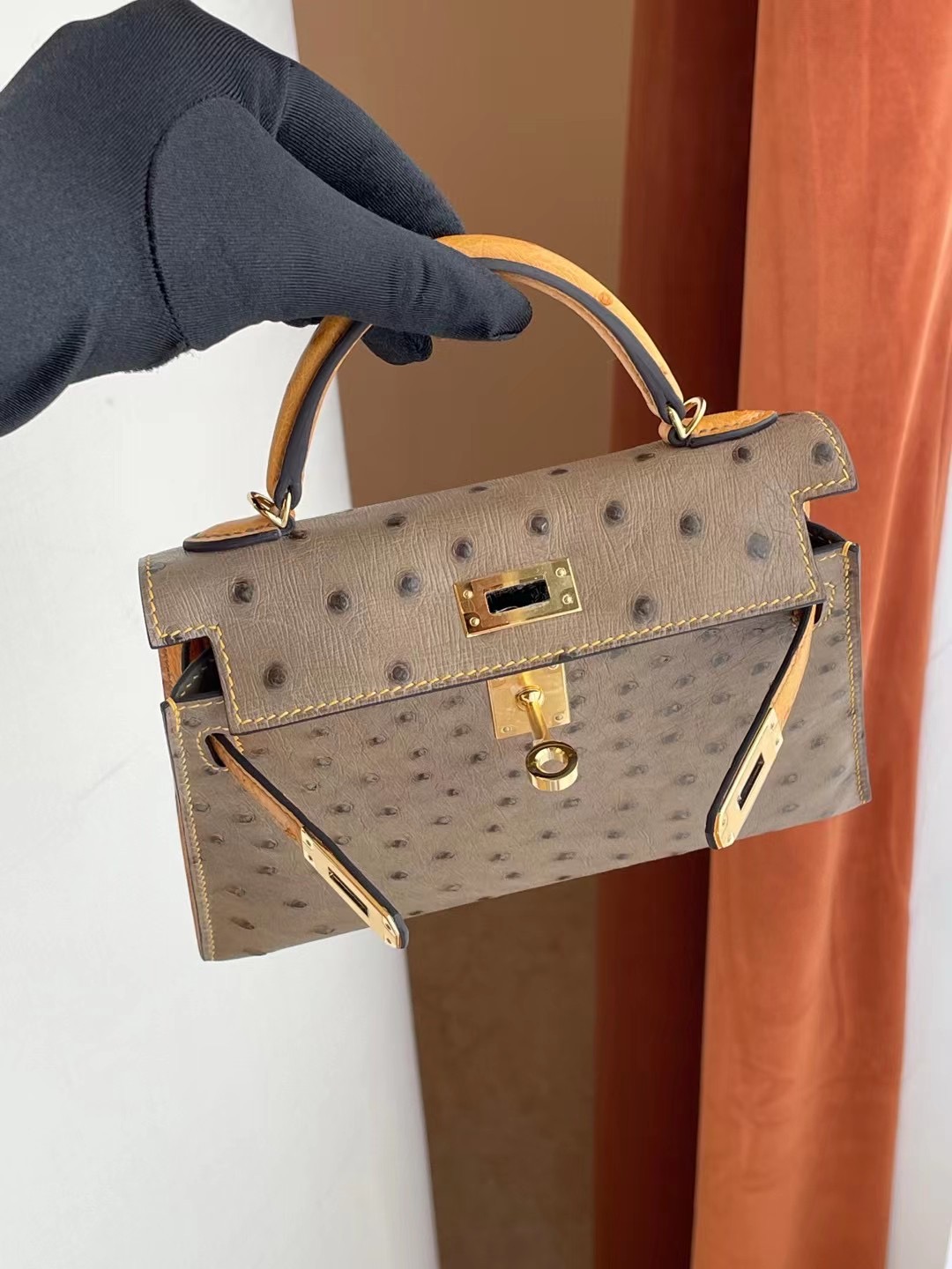 Hermes Kelly Mini II 2代 18 Etoupe大象灰 拼 賽蜂黃原廠KK南非鴕鳥皮金扣