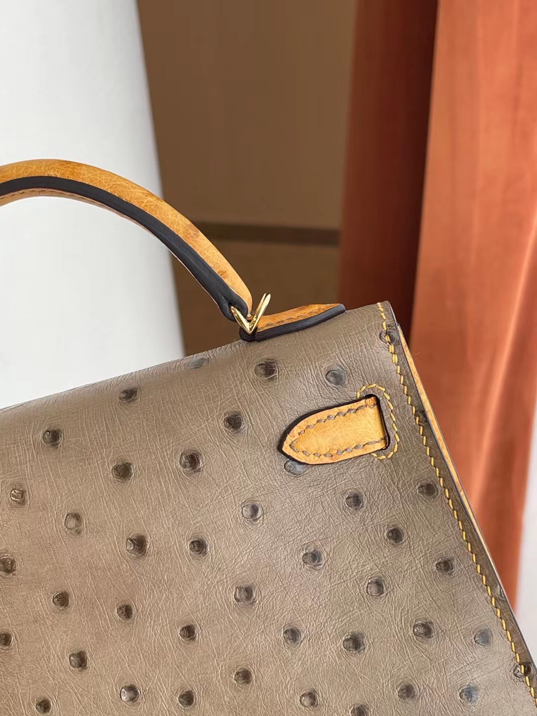 Hermes Kelly Mini II 2代 18 Etoupe大象灰 拼 賽蜂黃原廠KK南非鴕鳥皮金扣