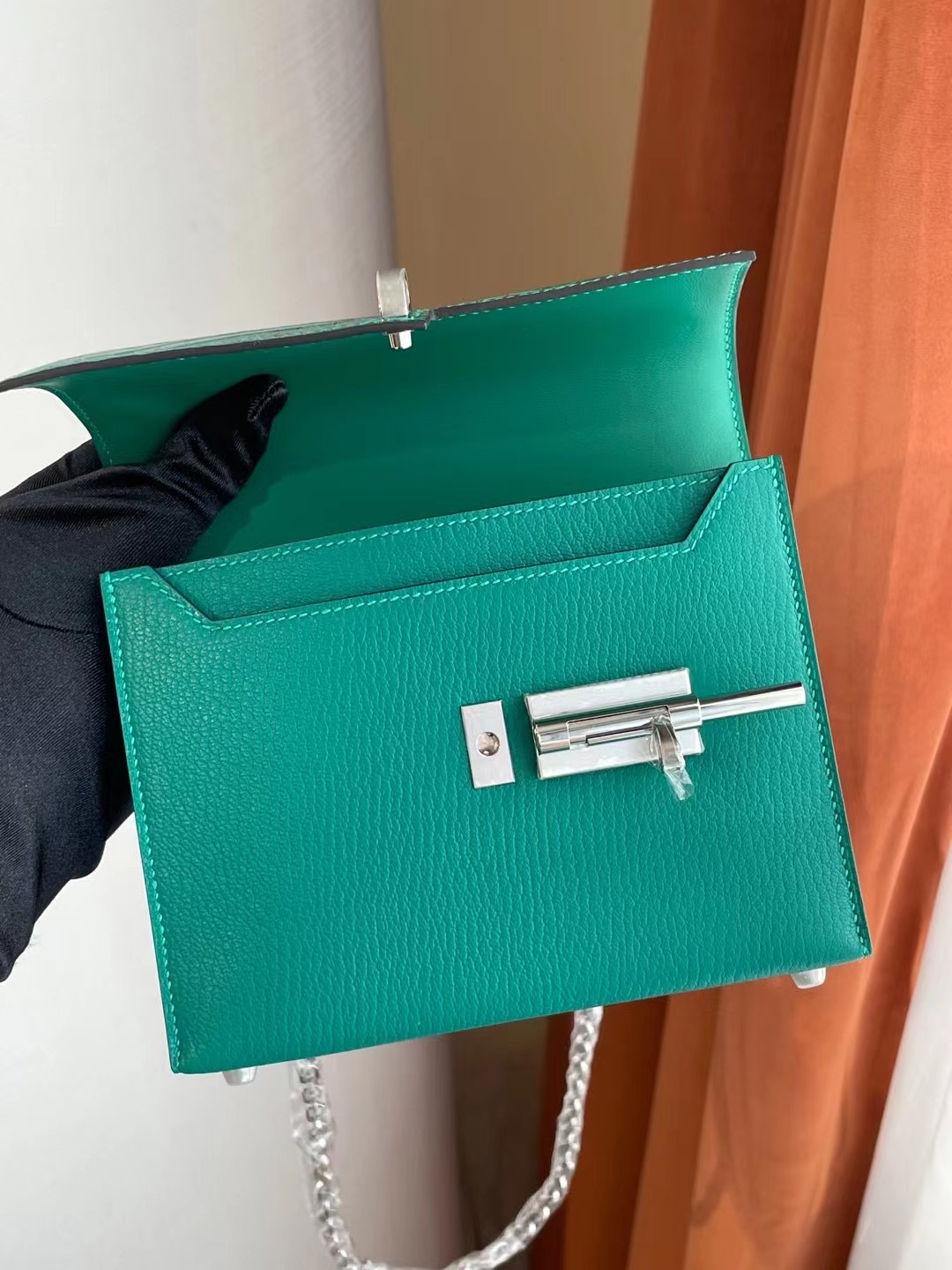 Hermes Verrou Mini 17.5cm Touch 6Q 翡翠綠 Vert Emeraude 銀扣 全手工蜜蠟線縫製