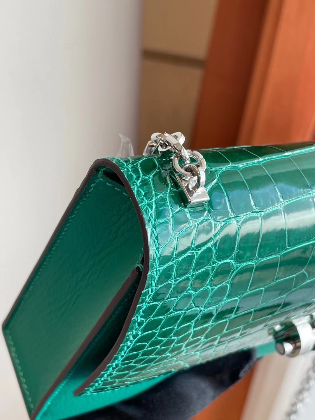 Hermes Verrou Mini 17.5cm Touch 6Q 翡翠綠 Vert Emeraude 銀扣 全手工蜜蠟線縫製