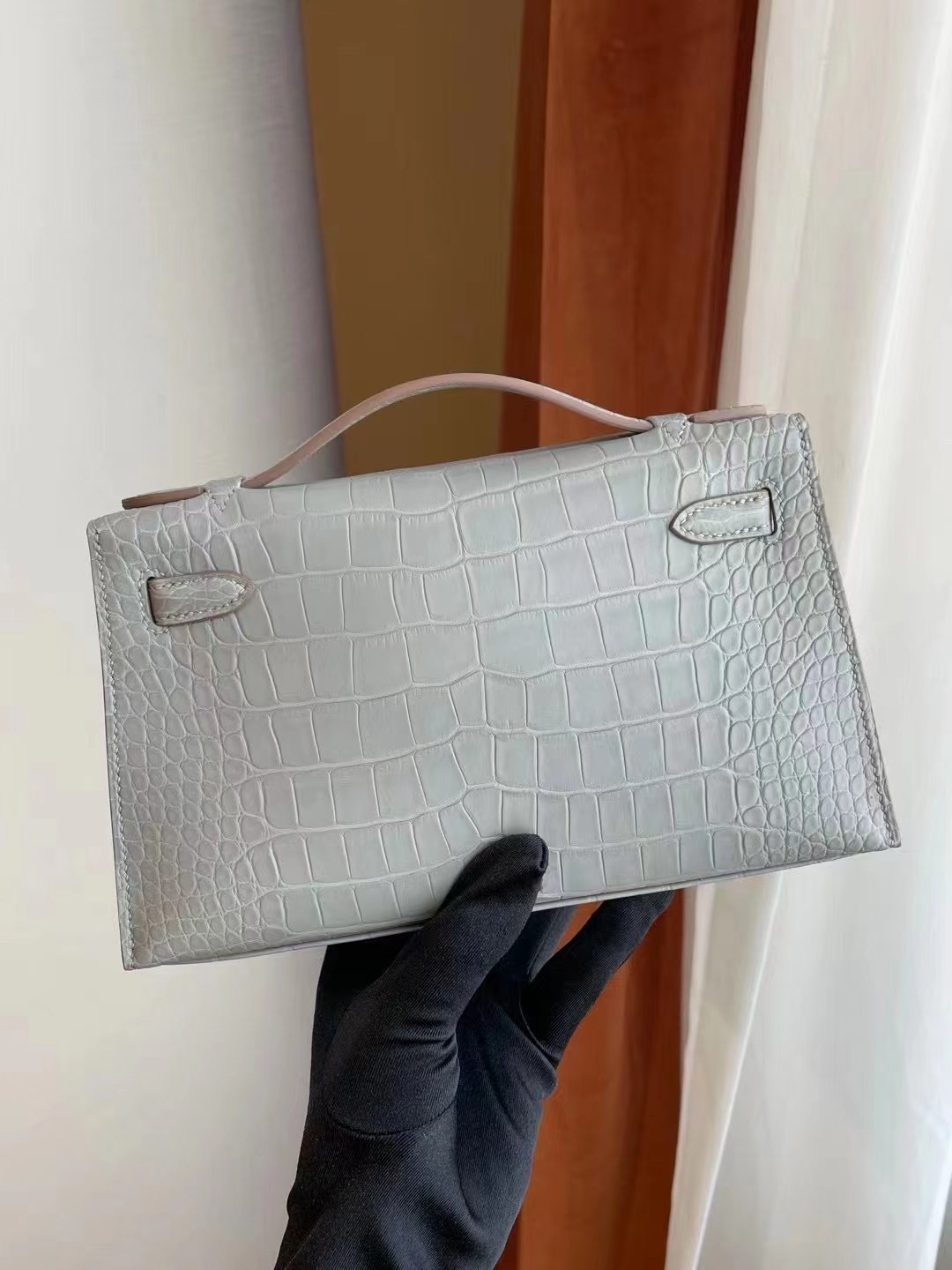 愛馬仕迷你凱莉包一代 Hermes MiniKelly Pochette 80 Gris Perle 珍珠灰美洲鱷魚