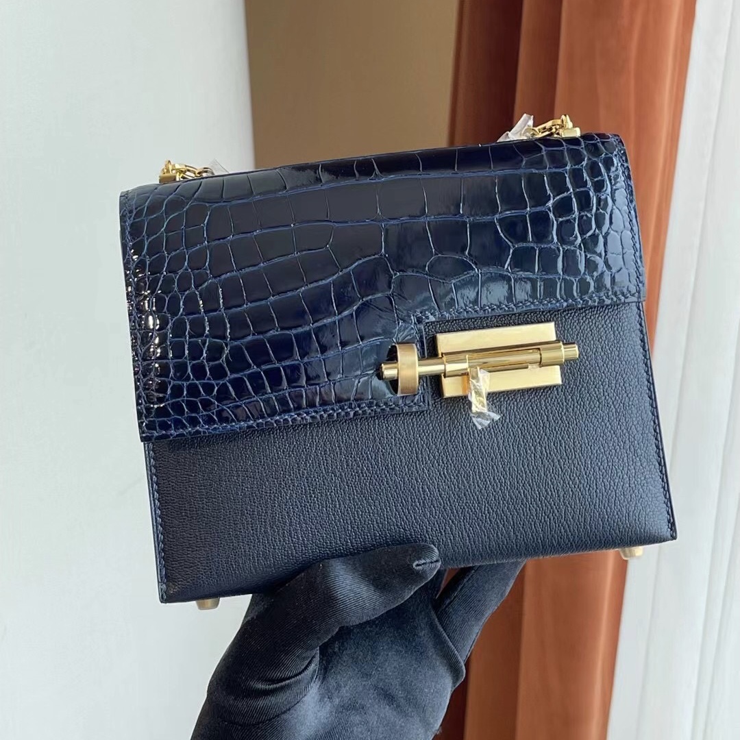 Hermes Verrou Mini 17.5cm Touch Shiny alligator crocodile/Mysore goatskin