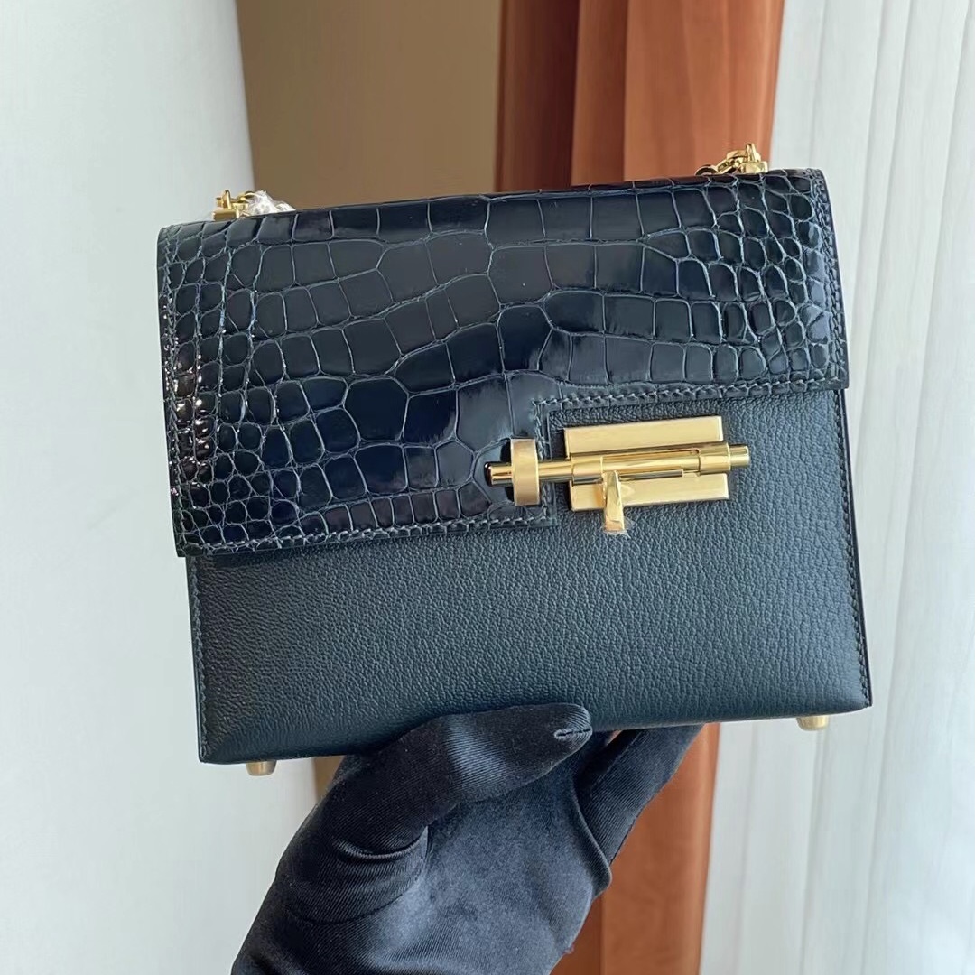 Hermes Verrou Mini 17.5cm Touch Shiny alligator crocodile/Mysore goatskin