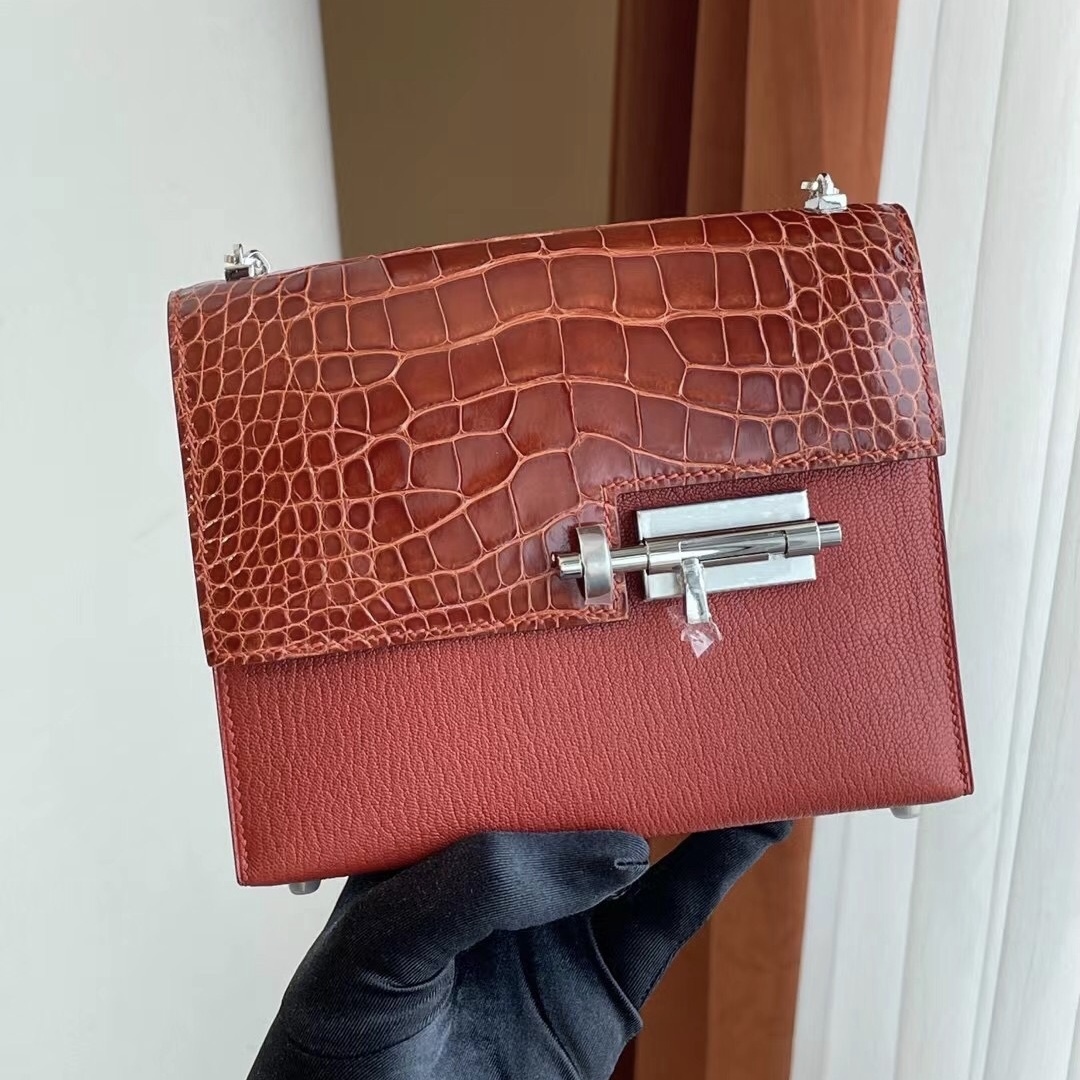 Hermes Verrou Mini 17.5cm Touch Shiny alligator crocodile/Mysore goatskin