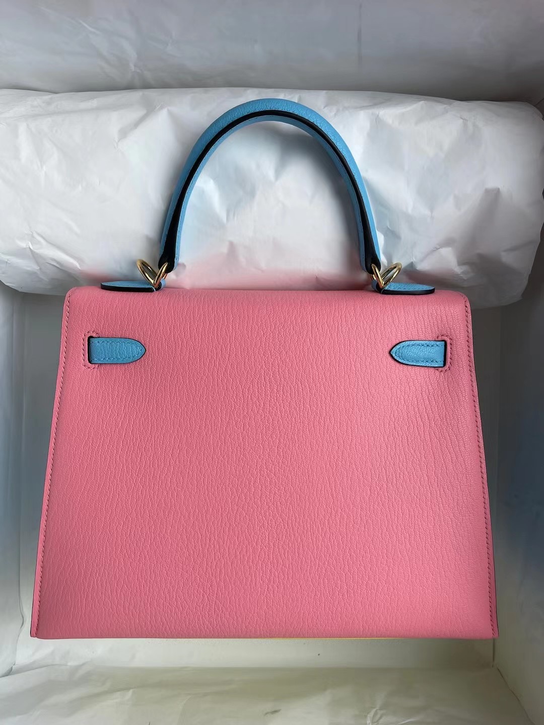 Hermes Kelly 25cm 進口山羊皮 9R lemon/7N Céleste /1Q Rose Confetti