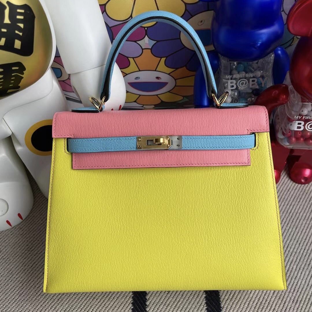 Hermes Kelly 25cm 進口山羊皮 9R lemon/7N Céleste /1Q Rose Confetti