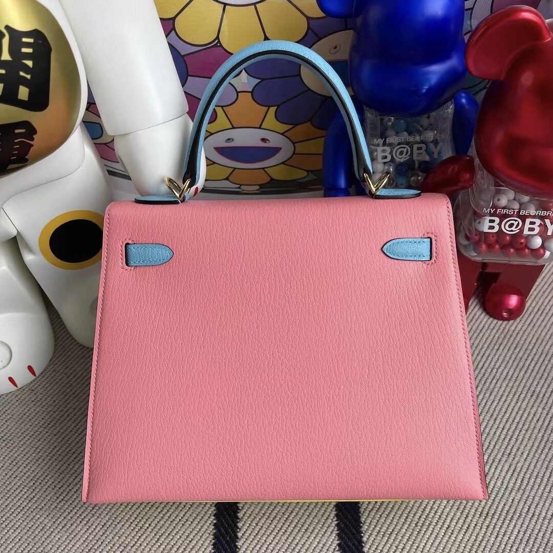 Hermes Kelly 25cm 進口山羊皮 9R lemon/7N Céleste /1Q Rose Confetti