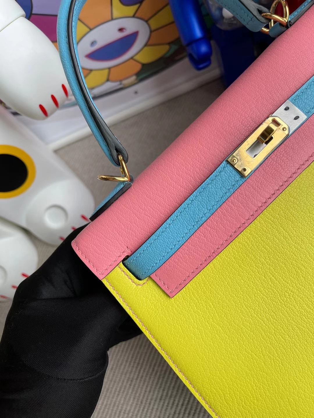 Hermes Kelly 25cm 進口山羊皮 9R lemon/7N Céleste /1Q Rose Confetti