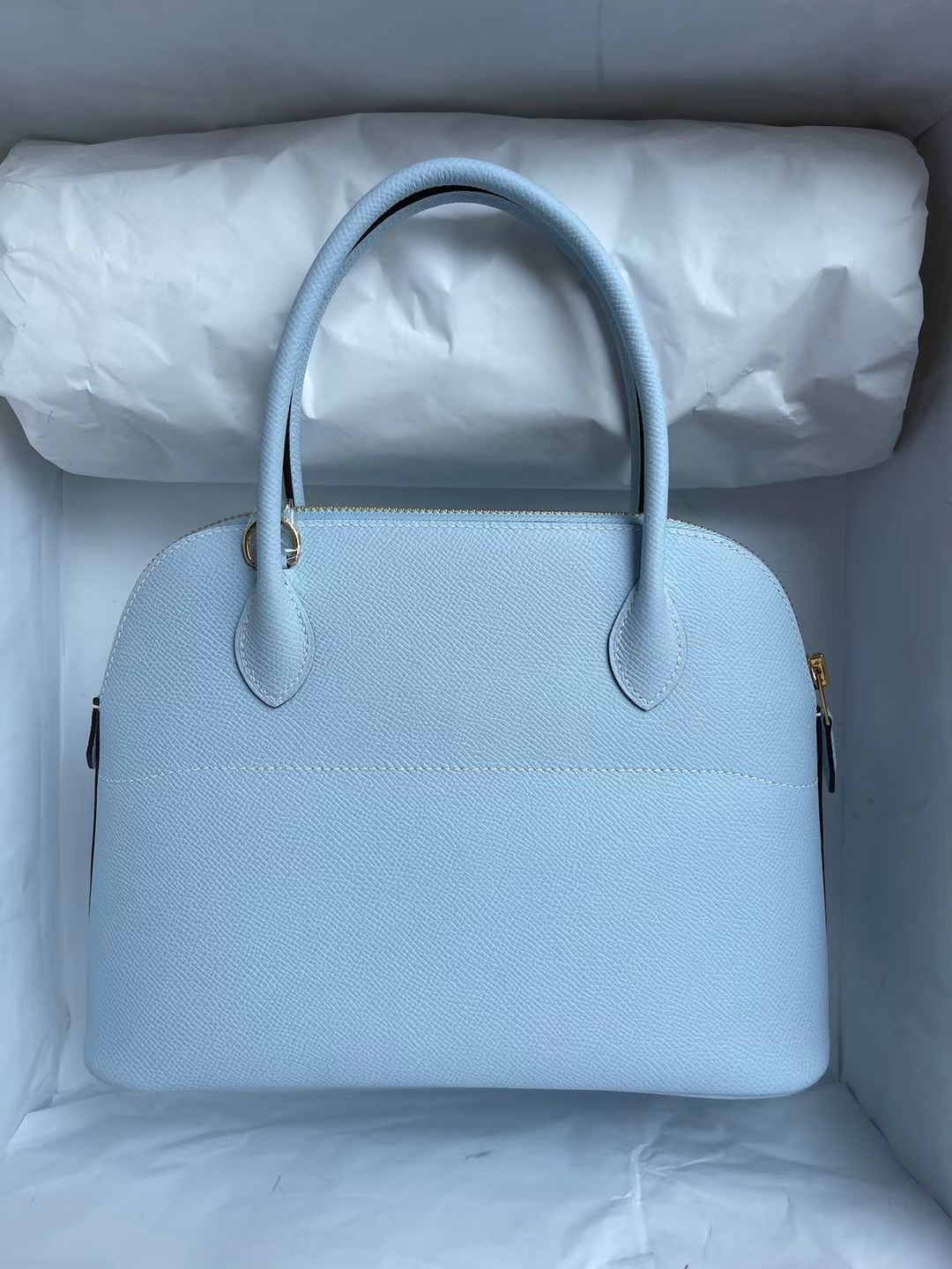 Hermes Bolide 27cm Epsom T0 Blue Brume 霧藍色 金扣 全手工蜜蠟線縫製