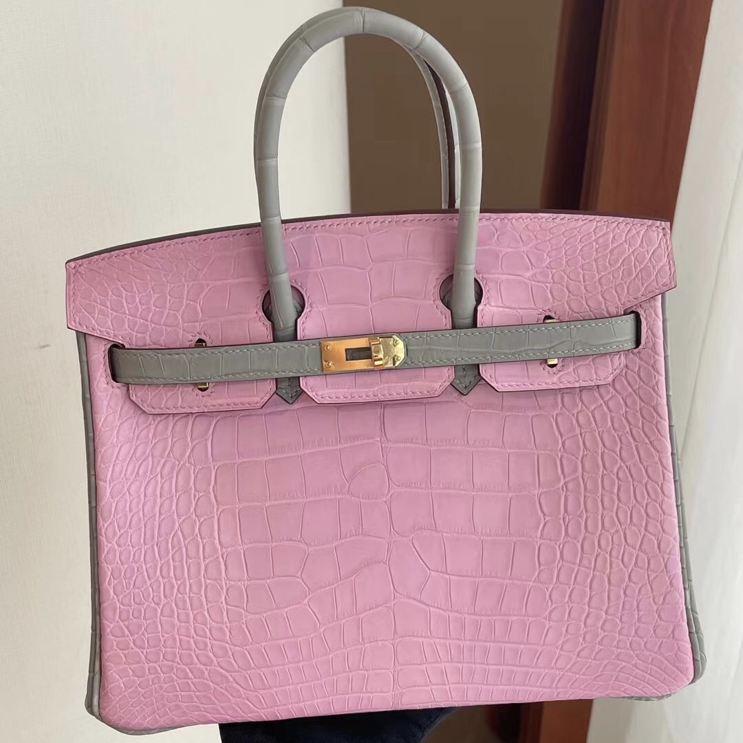 Hong Kong Hermes Birkin 25cm 5P Pink 櫻花粉 80 Gris Perle 珍珠灰方塊美洲鱷魚