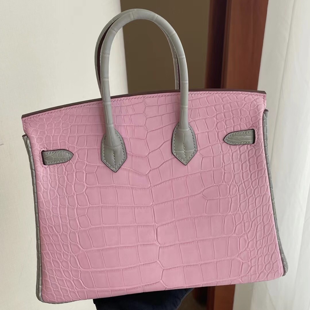 Hong Kong Hermes Birkin 25cm 5P Pink 櫻花粉 80 Gris Perle 珍珠灰方塊美洲鱷魚