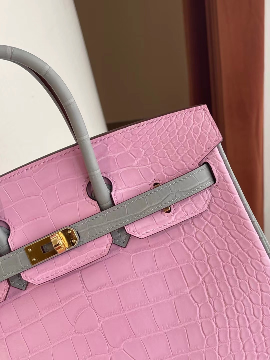 Hong Kong Hermes Birkin 25cm 5P Pink 櫻花粉 80 Gris Perle 珍珠灰方塊美洲鱷魚