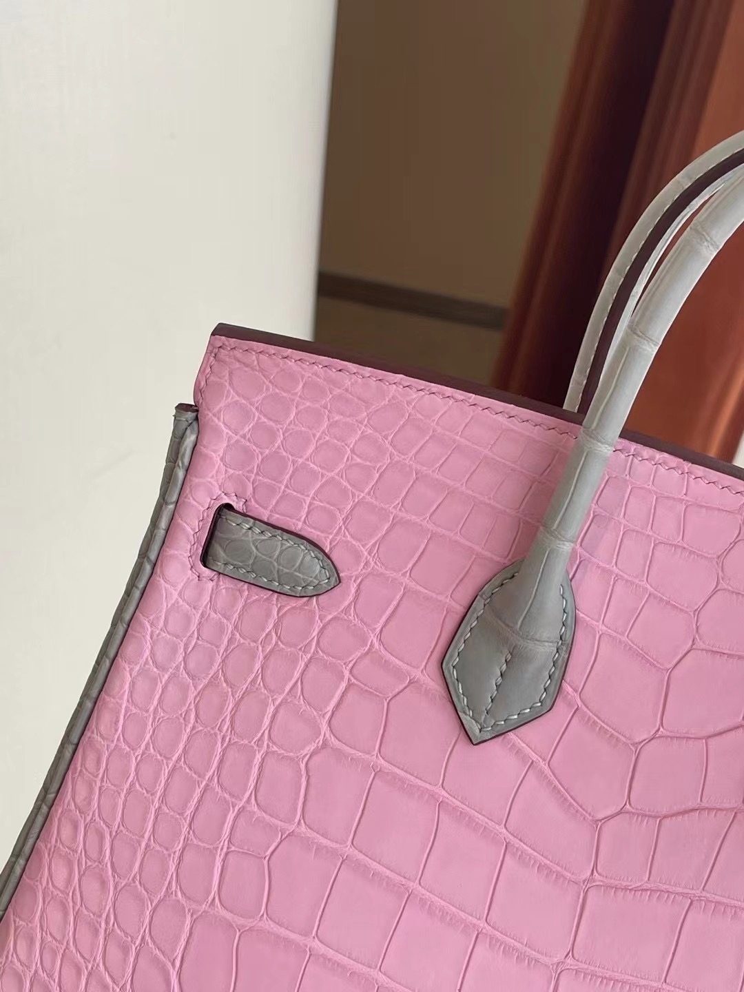 Hong Kong Hermes Birkin 25cm 5P Pink 櫻花粉 80 Gris Perle 珍珠灰方塊美洲鱷魚