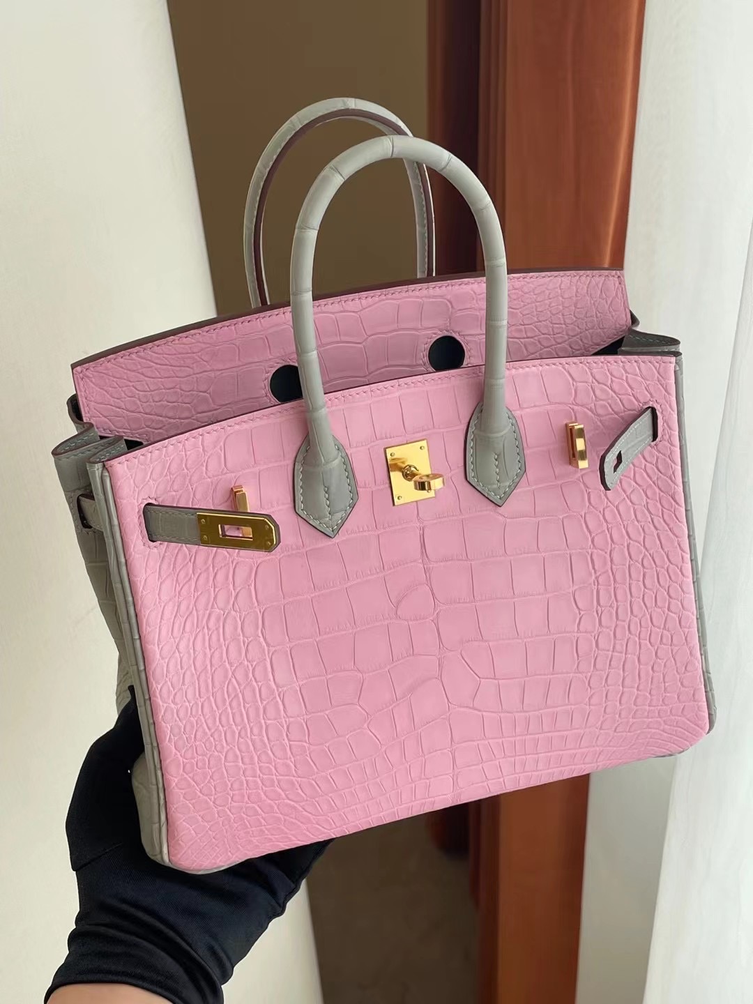 Hong Kong Hermes Birkin 25cm 5P Pink 櫻花粉 80 Gris Perle 珍珠灰方塊美洲鱷魚