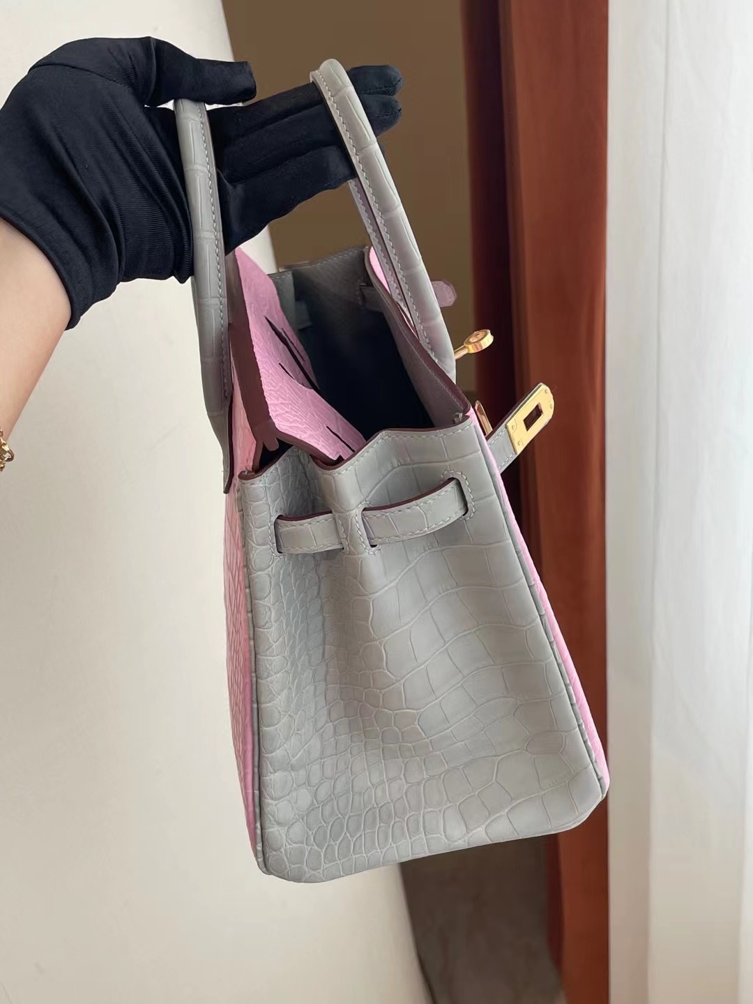 Hong Kong Hermes Birkin 25cm 5P Pink 櫻花粉 80 Gris Perle 珍珠灰方塊美洲鱷魚