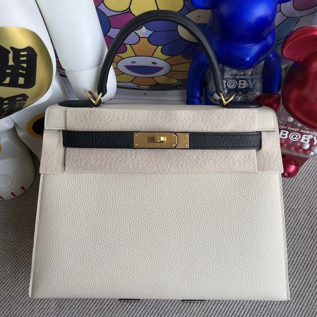 Hermes Kelly 28 Togo 外縫 10 Craie奶昔白 89 Noir 黑色磨砂金扣